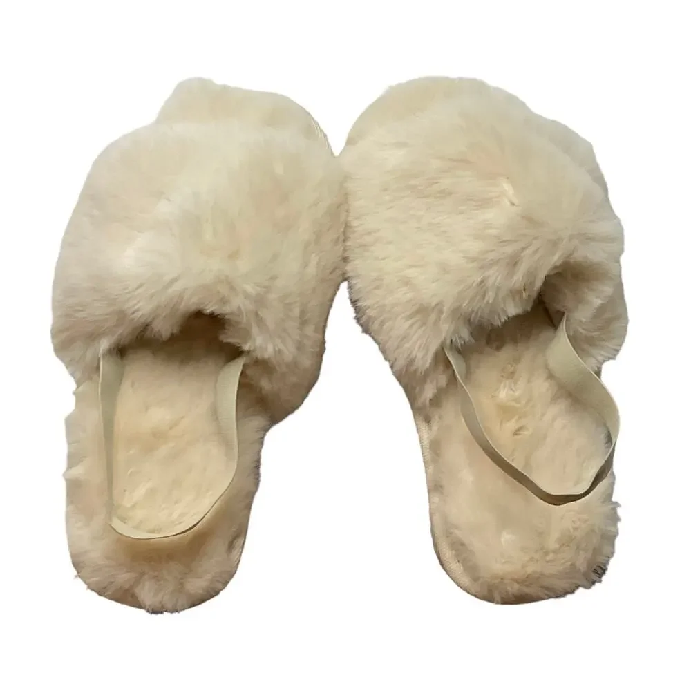 INC Girl's Fuzzy Comfy Slippers With Heel Strap Beige Size XL (4-5)